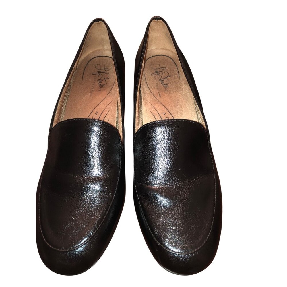 Life Stride Trixie Loafer/Pump Womens Black Leather Loafers Block Heels Sz 8.5